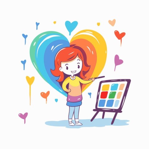 Cute little girl drawing a heart with a palette. vector illustra