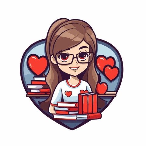 Cute cartoon girl with books in heart shape. Vector illustration