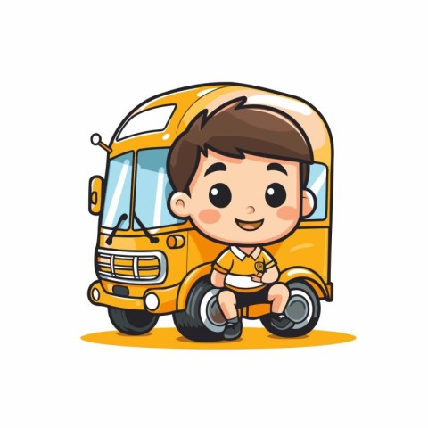 Cute little schoolboy sitting on a school bus. Vector illustrati