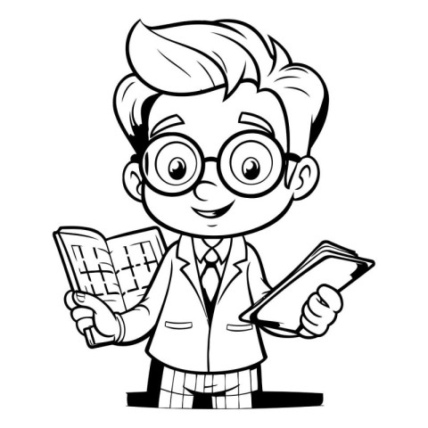 Black and White Cartoon Illustration of Schoolboy or Professor C