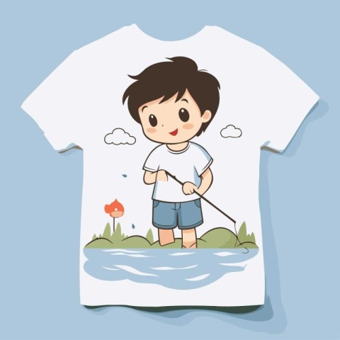 Boy fishing on a tee-shirt. Vector illustration in cartoon style