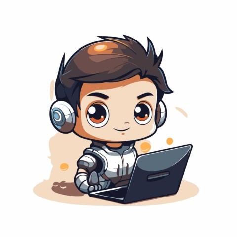 Cute boy using laptop. Vector illustration. Isolated on white ba