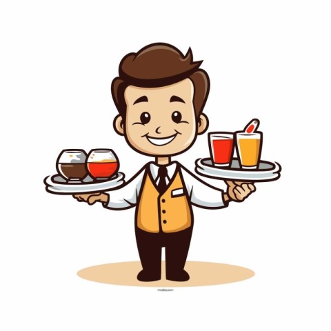 Waiter Holding Platter with Drink - Vector Character Cartoon Ill