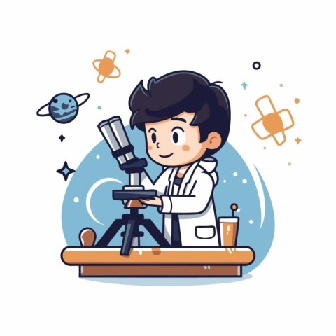 Scientist boy with microscope in science laboratory. Vector cart