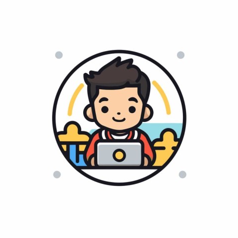 Boy using laptop icon in circle. Vector illustration. flat desig