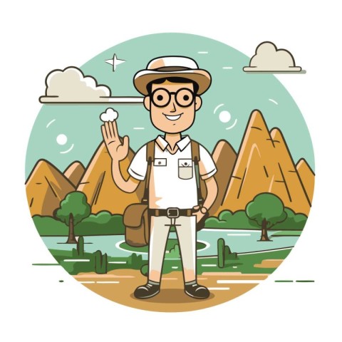 Vector illustration of a man in a hat. glasses and suspenders on