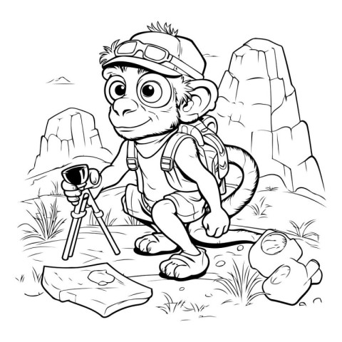 Monochrome vector illustration of a funny monkey hiker with a ba