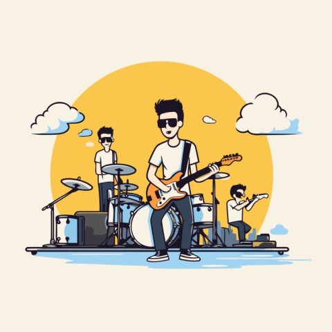 Musician playing guitar and drum set. Flat style vector illustra