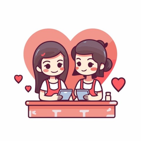 Girl and boy sitting at the counter in the cafe. Vector illustra