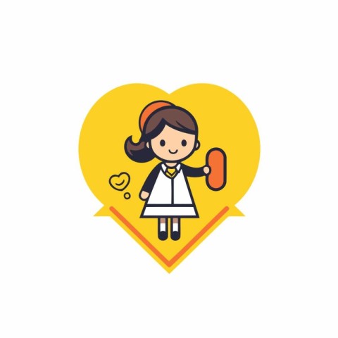 Girl holding a hot dog in the shape of a heart. Vector illustrat