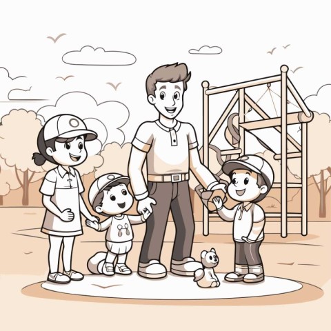 Children playing in the park. Cartoon vector illustration of hap