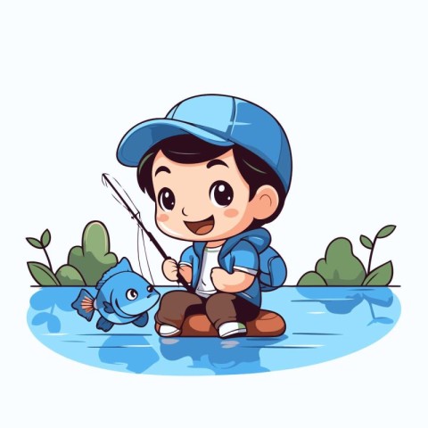 Cute boy fishing on the river. Vector illustration. Cartoon styl