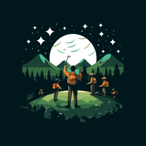 Hikers in the mountains at night. Vector illustration for your d