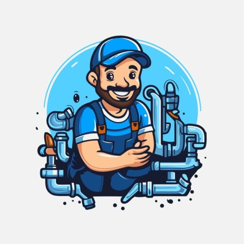 Plumber with pipe cartoon vector illustration. Plumber repairman