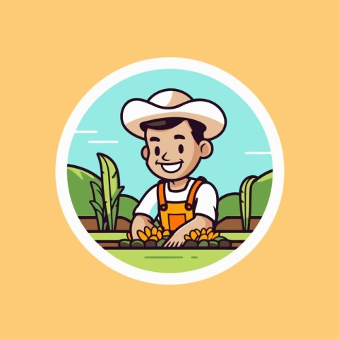 Vector illustration of happy farmer in hat harvesting carrots in