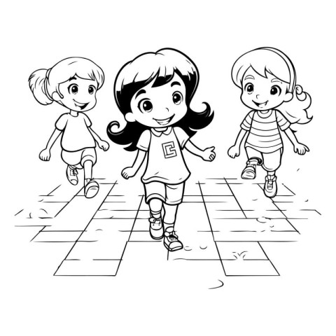 Children running in the park. Coloring book for children. Vector