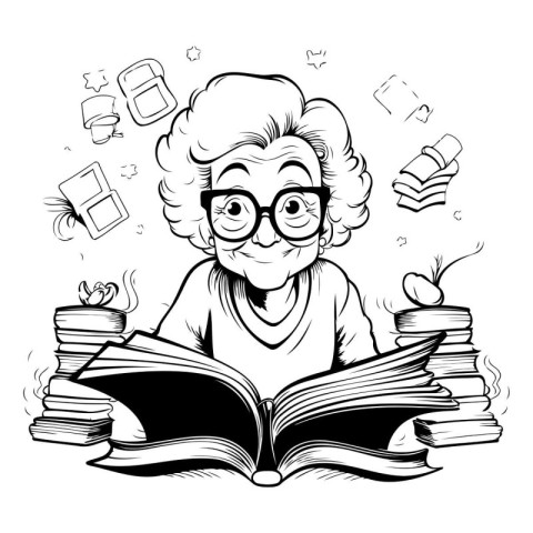 Vector illustration of cartoon old woman reading a book. Black a