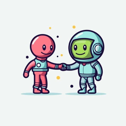 Astronaut and astronaut shaking hands. Cute cartoon vector illus