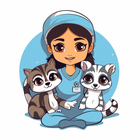 Veterinarian woman with cats. Vector illustration in cartoon sty