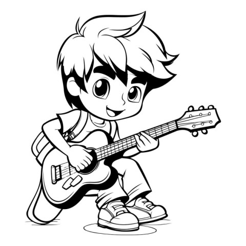 Boy playing guitar - Black and White Cartoon Illustration. Isola