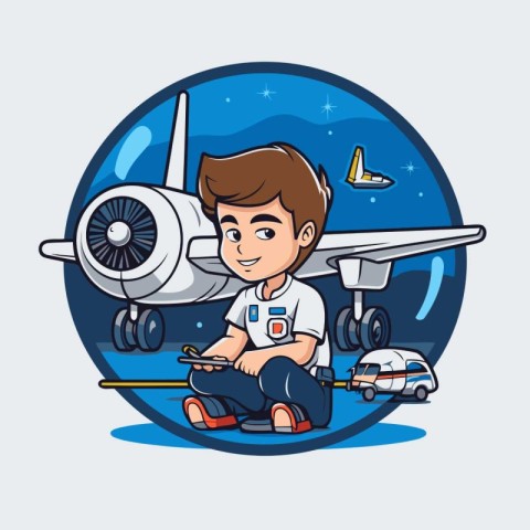 Cartoon boy sitting on the ground with airplane. Vector illustra