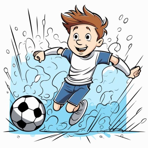 Cartoon illustration of a boy kicking a soccer ball in the rain