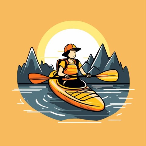 Kayaking in the mountains. Vector illustration of a man in a kay