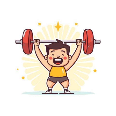 Funny cartoon boy lifting a barbell on white background. Vector