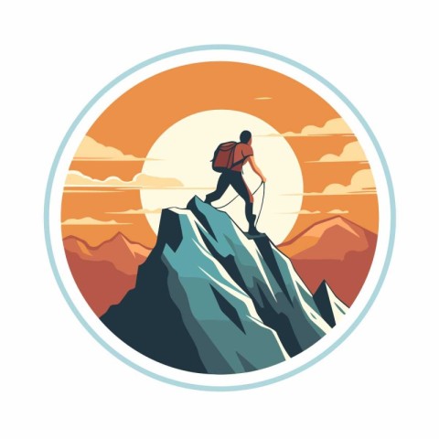 Hiker on the top of the mountain. Vector illustration in flat st