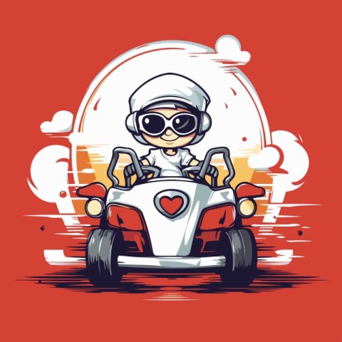 Vector illustration of a girl driving a quad bike on a red backg