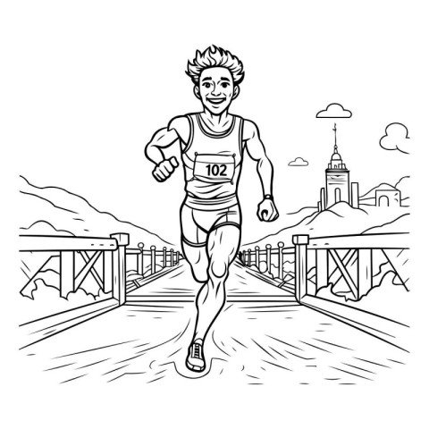 Athlete running on the bridge. Black and white vector illustrati