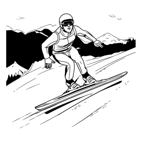 Snowboarder jumping in the mountains. Black and white vector ill