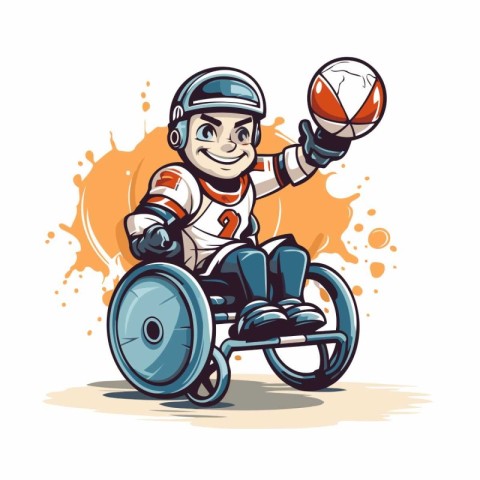 Disabled boy in a wheelchair with a ball. Vector illustration.