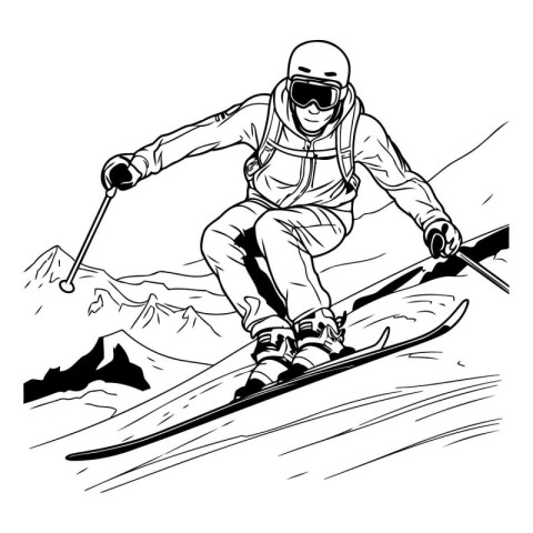 Skiing - Skier. Black and White Vector Illustration