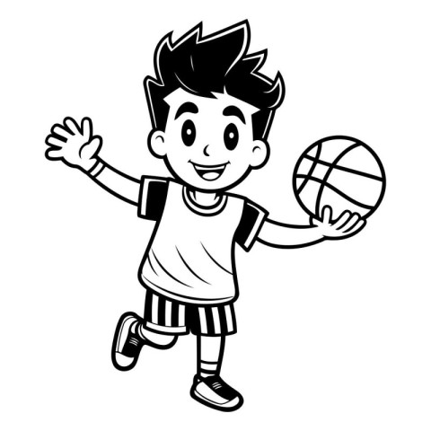 Boy playing basketball - Black and White Cartoon Illustration. I