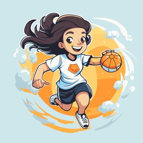 Illustration of a girl playing basketball on a background of the