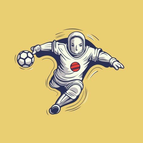 Astronaut with a soccer ball in his hands. Vector illustration.