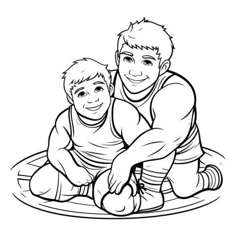 Black and White Cartoon Illustration of Father and Son Playing B