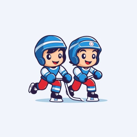 Cute boy and girl playing ice hockey. Vector cartoon illustratio