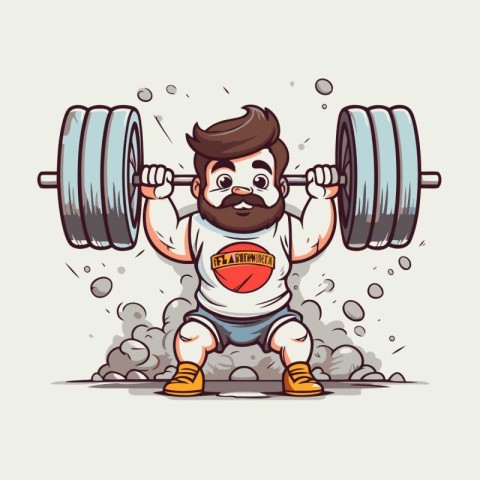 Cartoon fat man lifting a barbell. Vector cartoon illustration.