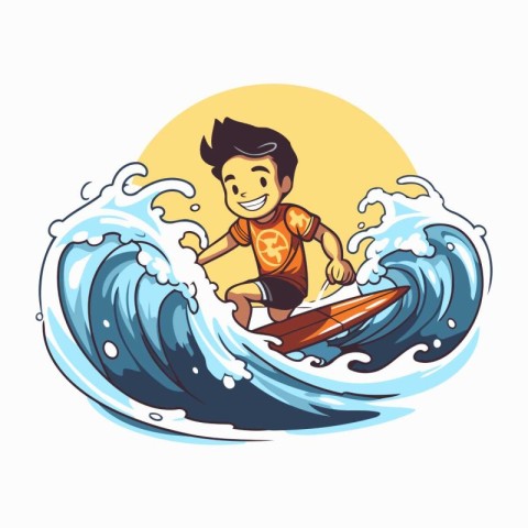 Boy surfing on a wave. Vector illustration of a boy surfing on a