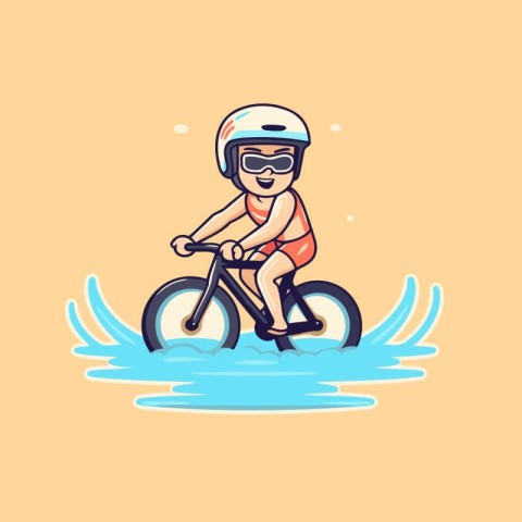 Vector illustration of a girl in a helmet riding a bicycle on th