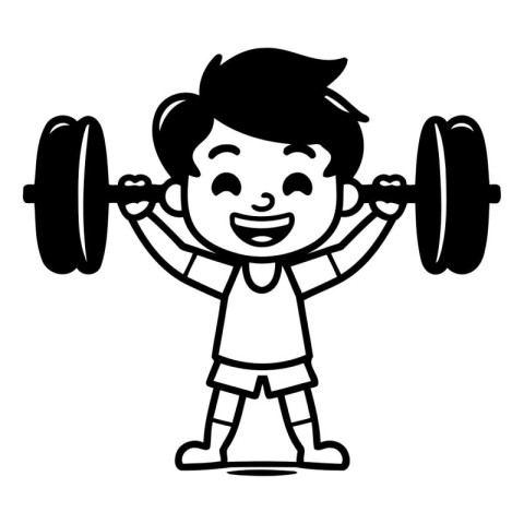 Boy lifting a barbell - Black and White Cartoon Vector Illustrat