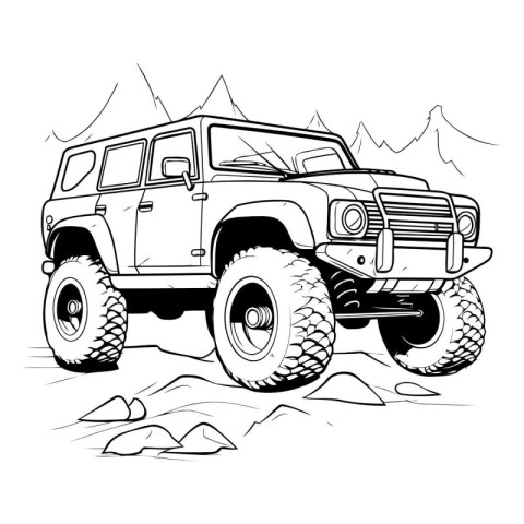 Off-road vehicle in the mountains. Black and white vector illust