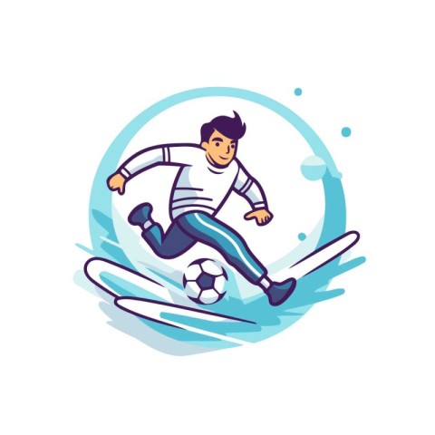 Soccer player running with ball and skis. Vector illustration.