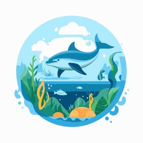 Cute cartoon dolphin swimming in the sea. Vector illustration in