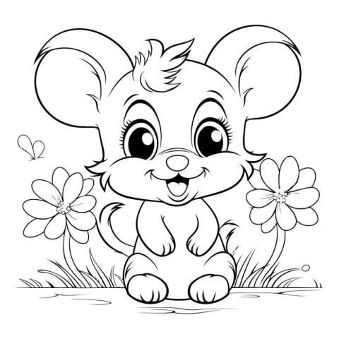 Cute cartoon mouse with flowers. Vector illustration for colorin