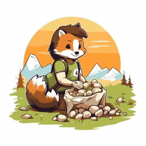 Vector illustration of a fox with a bag of potatoes in the fores