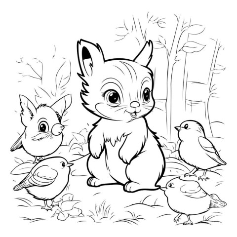 Coloring book for children. Cute cartoon squirrel and birds.