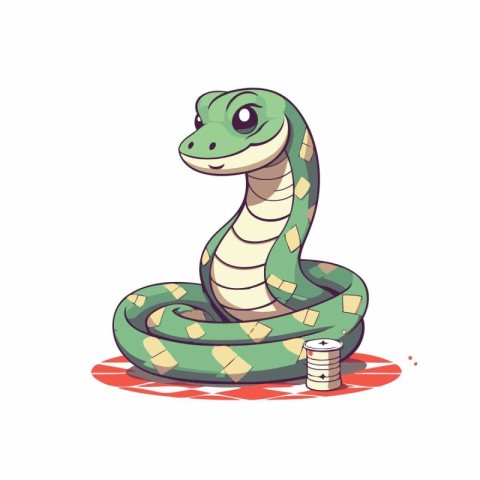 Cute green snake with money. Vector illustration in cartoon styl